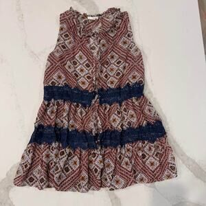 Tru Self Boho Print Lace Navy Open Tie Front Tunic Vest Women's Small Indie Boho